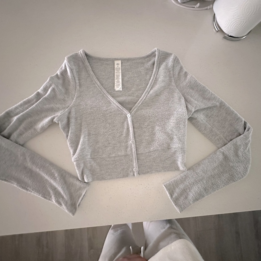 ALO grey long sleeve button up fitted sweater